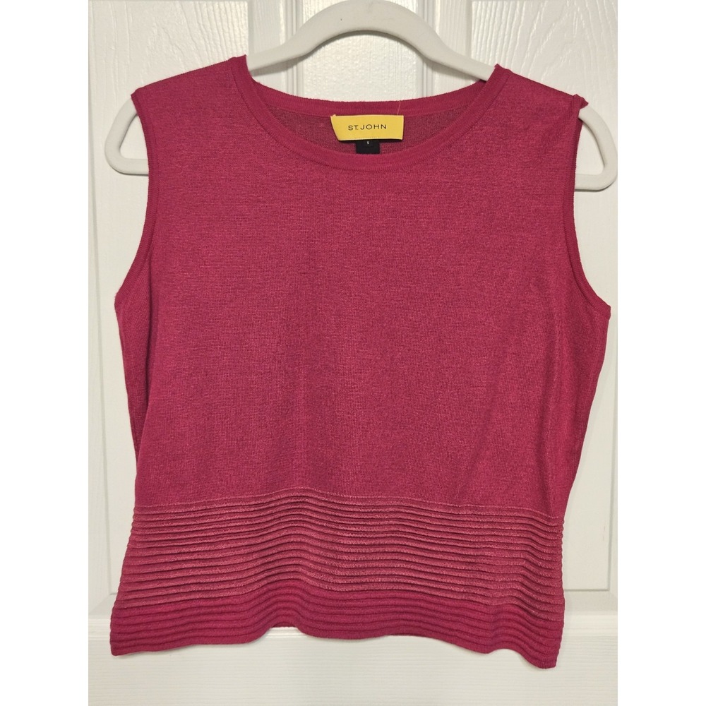 St. John Signature Santana Knit Sleeveless Top Ribbed Hem Fuchsia Pink Sm